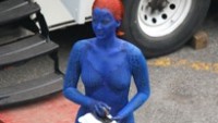 EXCLUSIVE: Jennifer Lawrence, who plays Mystique, on the set of the movie 'X-Men: Days of Future Past' in Montreal. She is spotted changing herself in her make-up trailer. Also, she's having fun talking and making funny faces to Nicholas Hoult on her break. Her bodyguard hides her with an umbrella when they left the base camp. Pictured: Jennifer Lawrence Ref: SPL552672  310513   EXCLUSIVE Picture by: Ultrawig / Splash News Splash News and Pictures Los Angeles:	310-821-2666 New York:	212-619-2666 London:	870-934-2666 photodesk@splashnews.com 