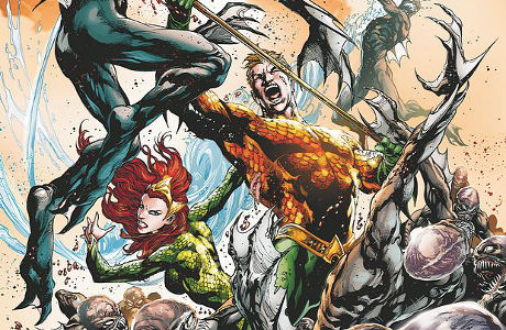 Aquaman po boku své ženy Mery zobrazen v nemilosrdné bitvě.