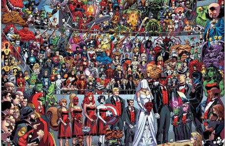 Na obrázku od Scotta Coblishe můžeme najít třeba Hulka, Wolverina, Kapitána Ameriku nebo Spider-Mana. Zdroj: Marvel Comics